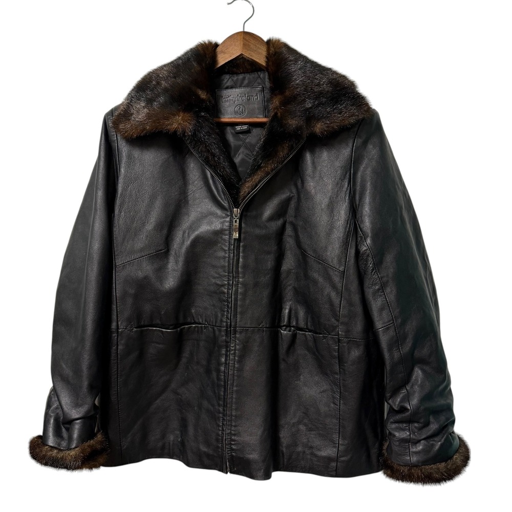 Vtg 90s Y2k Genuine Leather Jacket Womens L Black Faux Fur Trim Quilted Lined